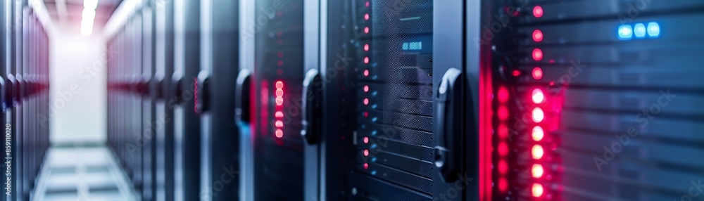 Poster rows of server racks with glowing red lights in a data center.