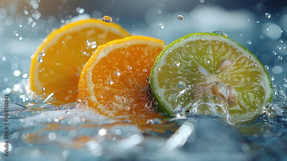 Poster dynamic and colorful slices of orange, lime, and lemon creating a delightful splash in water, captur