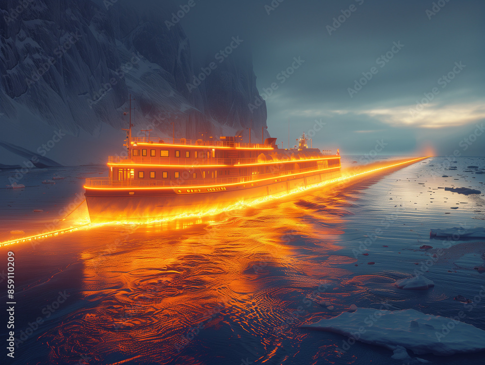 Wall mural glowing ship on the surface of the arctic ocean