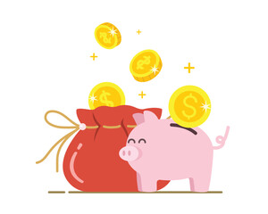 Bag and piggy bank with gold. Money bag with dollar coins. Income and bonus concept. piggy bank with coins concept.