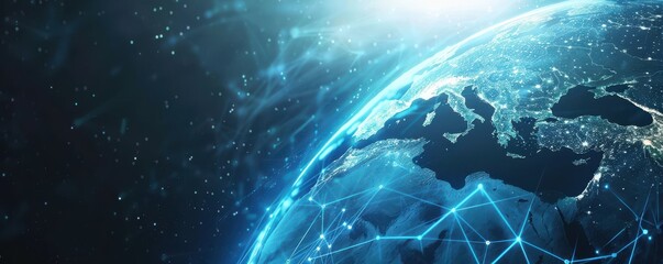 Abstract digital illustration of Earth with blue glowing network lines, representing global connectivity and technology. Suitable for themes of globalization, communication, and digital innovation. 