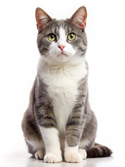 Cute lovely fluffy cat sitting on a white background