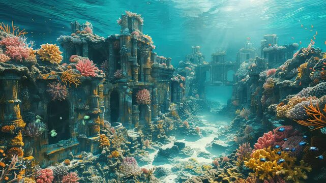 Animation Ancient Ruins Underwater Oasis with Vibrant Coral generated with ai 
