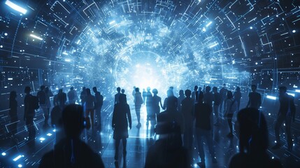 Fototapeta premium A group of students crowd around a stateoftheart virtual reality headset made possible by the librarys lightningfast 5G internet connection.