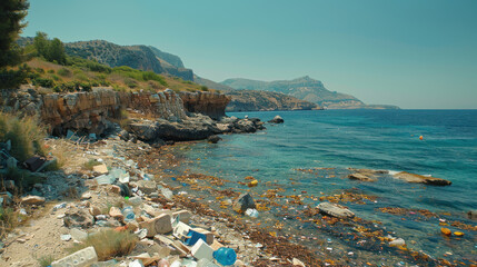 Fototapeta premium Sea shore polluted with tourists