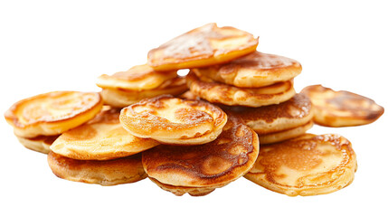 Poffertjes, traditional Dutch mini pancakes, isolated on a white background. Perfect for breakfast or dessert, these fluffy, golden brown treats are dusted with powdered sugar and drizzled with syrup.