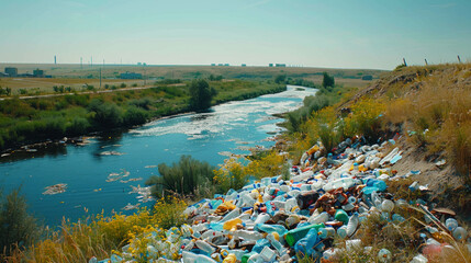 Obraz premium River in remote area is heavily polluted with plastic litter