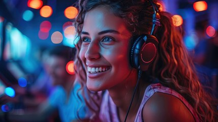 A young woman wearing headphones, deeply engaged in a gaming session, in a neon-lit environment. Her expressions reflect her enjoyment and the thrill of the game.