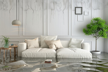 Water Damage in Living Room with Sofa and Plant - Modern Home Interior Flood Concept
