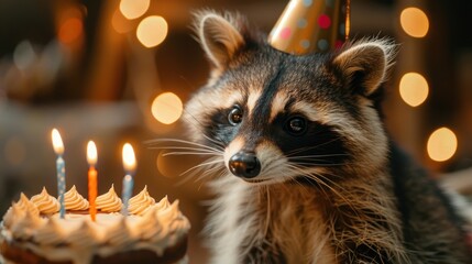 Obraz premium A cute raccoon is wearing a festive party hat and celebrating a birthday with a cake that has lit candles, creating a warm and joyful atmosphere, perfect for greeting cards.