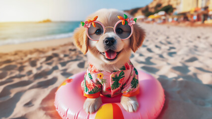 Fototapeta premium Funny dog wearing summer fashion with rubber ring on the beach. Summer Vacation Concept.