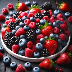 Fototapeta premium Fresh Mixed Berries in a Bowl – AI-Generated Healthy Snack Image