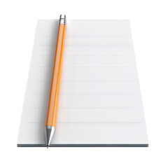 Naklejka premium Close-up of a blank lined notepad with an orange pencil, perfect for writing, note-taking, and office tasks. Isolated on a white background.
