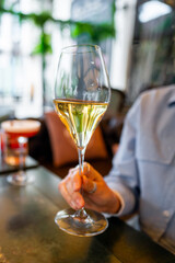 Hand holding a glass of sparkling wine.
