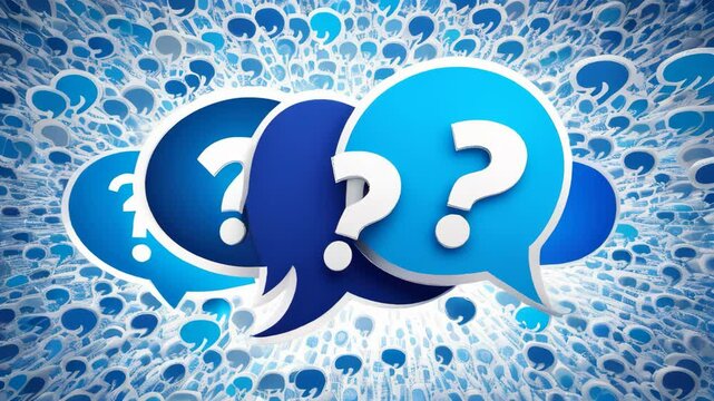 A blue and white image of three speech bubbles with a question mark in the middle. The image is meant to convey the idea of communication and the importance of asking questions