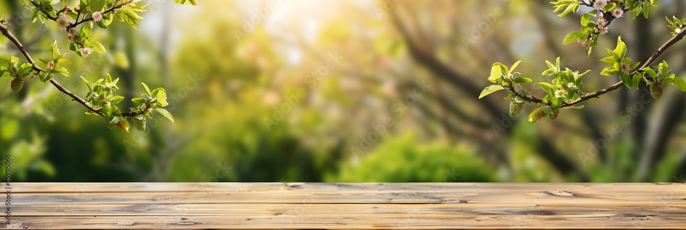 Poster empty wood table top and blurred green tree in the park garden background - can used for display or 