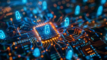 Fototapeta premium Perspective view circuit board with glowing blue processor binary code supply chain attack, encryption risk security