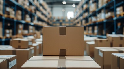 Cardboard boxes in perspective in warehouse with blurred background logistics delivery, handling products