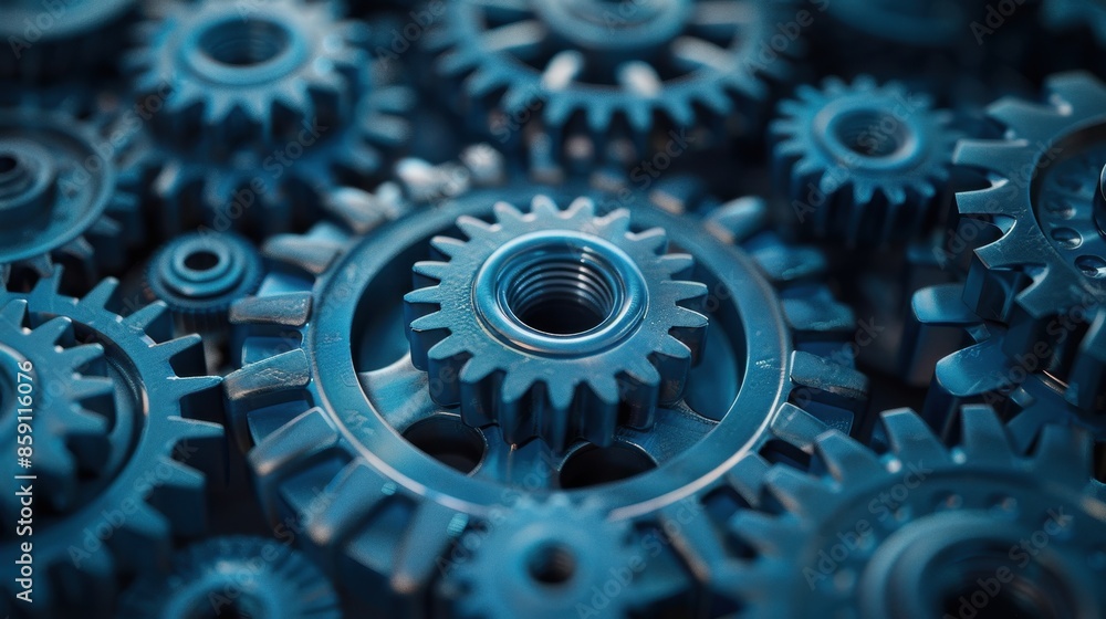 Poster a close-up view of interlocking blue gears, showcasing the precision and intricacy of mechanical eng