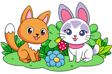 cute Cat and a cute rabbit Is playing in a garden vector