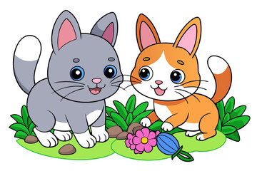 cute Cat and a cute rabbit Is playing in a garden vector