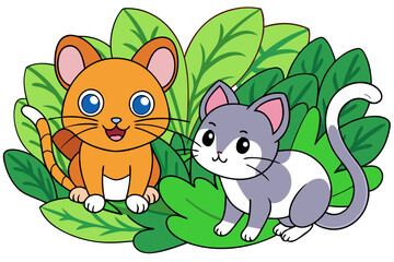 cute Cat and a cute Rat Is playing in a jungle vector