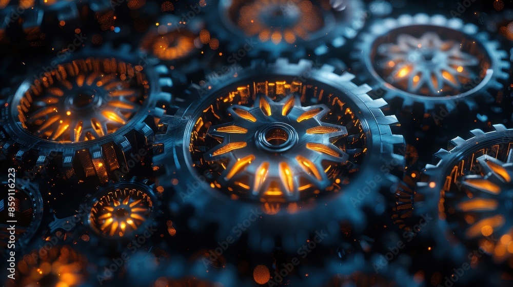 Poster a close-up view of gears with orange glowing highlights, emphasizing the intricate details and mecha