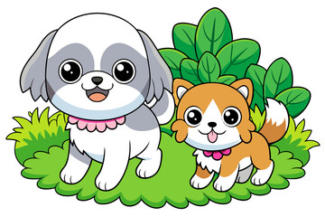 A cute mascot and a cute Shih Tzu Is playing in a garden vector