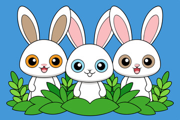 cute three Bunny kawaii, vector illustration