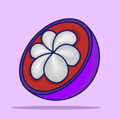 Mangosteen Fruit concept, cartoon illustration of Mangosteen Fruit, half cut flat design of Mangosteen Fruit, summer tropical fruit for healthy lifestyle. White Mangosteen fruit isolated on background