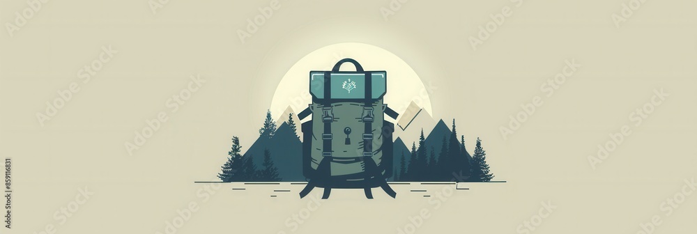 Poster a minimalist illustration featuring a stylized green backpack in front of a mountain range with a su