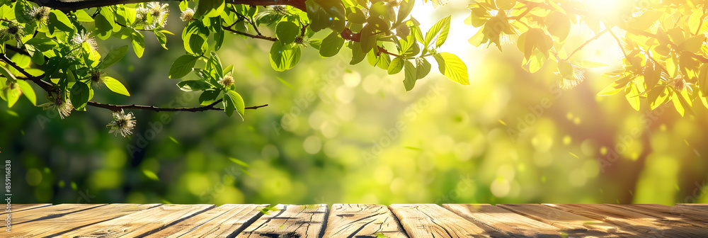 Poster empty wood table top and blurred green tree in the park garden background - can used for display or 