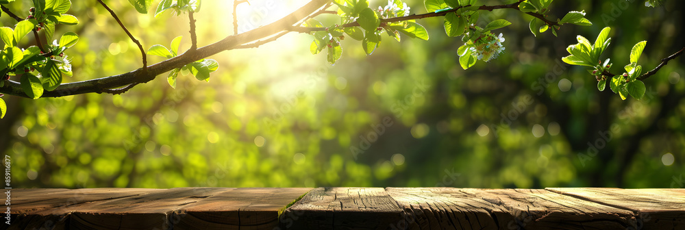 Poster empty wood table top and blurred green tree in the park garden background - can used for display or 