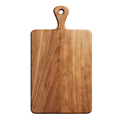 Rectangular wooden cutting board with handle on white background, ideal for kitchen use and food preparation.