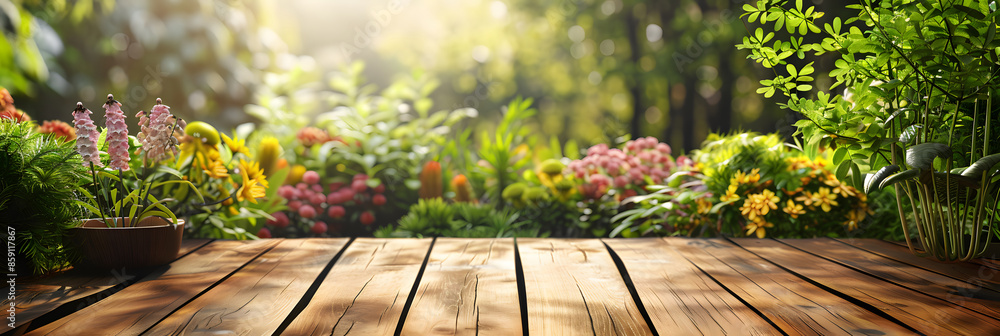 Poster empty wood table top and blurred green tree in the park garden background - can used for display or 
