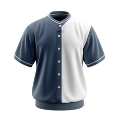 Naklejka premium Two-tone short-sleeved shirt with button-up front. Stylish baseball-style casual wear in navy blue and white. Perfect for sports and fashion.