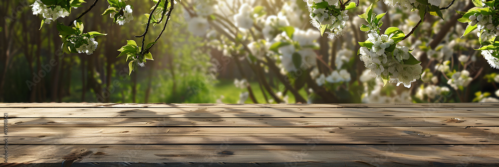 Aufkleber empty wood table top and blurred green tree in the park garden background - can used for display or 