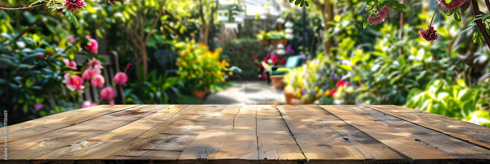 Poster empty wood table top and blurred green tree in the park garden background - can used for display or 