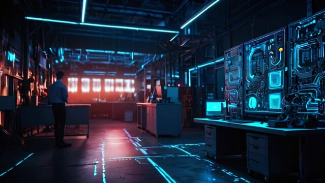 A futuristic laboratory with a person in a hazmat suit walking away from the camera. The lab is lit by blue and red lights, and there are various machines and computers in the background.