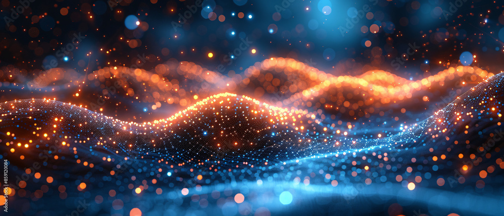 Poster a digital art piece depicting undulating waves of light and particles, creating a dynamic and futuri