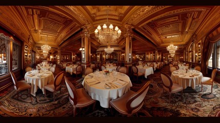 Fototapeta premium An opulent dining room with ornate details and crystal chandeliers