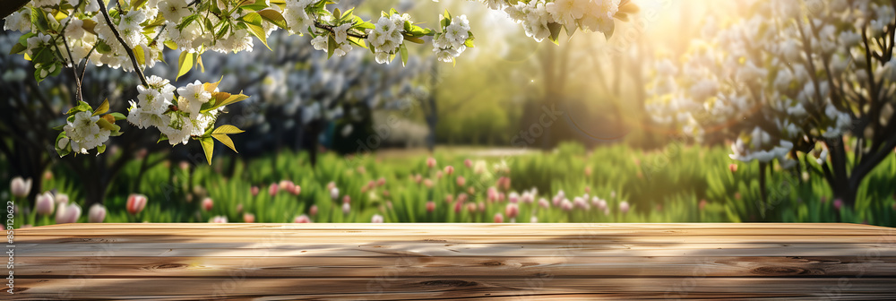 Poster empty wood table top and blurred green tree in the park garden background - can used for display or 