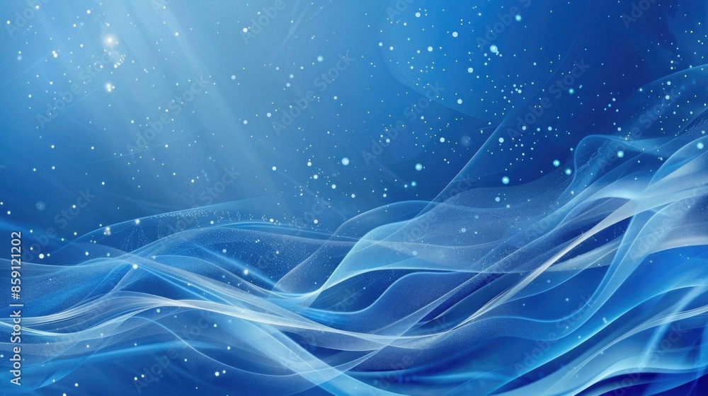 Poster elegant wavy blue background with particles and lines, emphasizing a smooth and futuristic look.