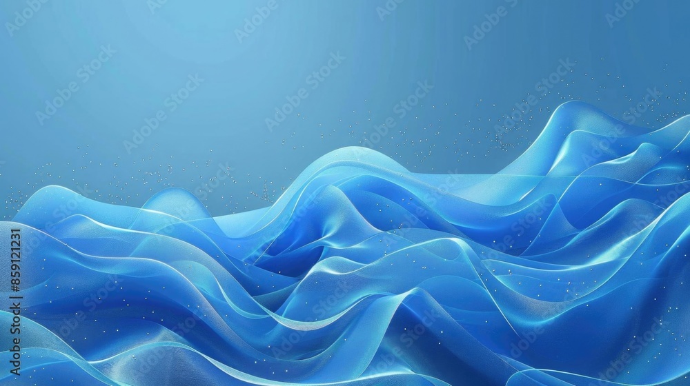 Poster blue wave-like background with lines and particles, featuring a sleek and modern design.