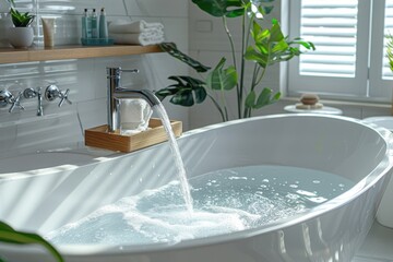 A bathtub with a shower head and water flowing out of it
