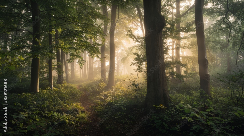 Poster sunlight streams through the trees in a foggy forest