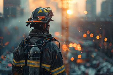 Fototapeta premium A firefighter in full gear, including an oxygen tank, stands facing away, overlooking a smoky construction site at sunset with glowing lights and sparks