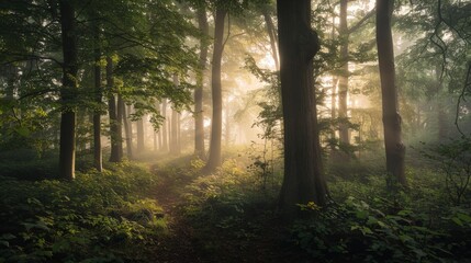 Obraz premium Sunlight streams through the trees in a foggy forest