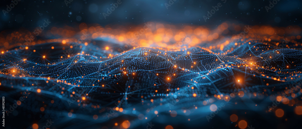 Poster a futuristic digital rendering of interconnected nodes and lines, forming a network with glowing blu