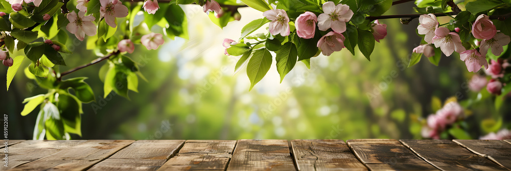 Poster empty wood table top and blurred green tree in the park garden background - can used for display or 